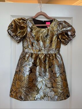 Lilly Pulitzer Gold and Silver Floral Puff Sleeve Dress